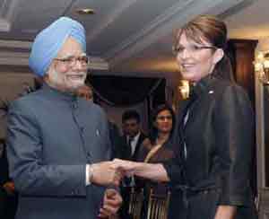 The Prime Minister, Dr. Manmohan Singh with the Alaska Governor and vice president candidate , Republican party,Ms.Shara Palin during his visit to the United States, in New York 